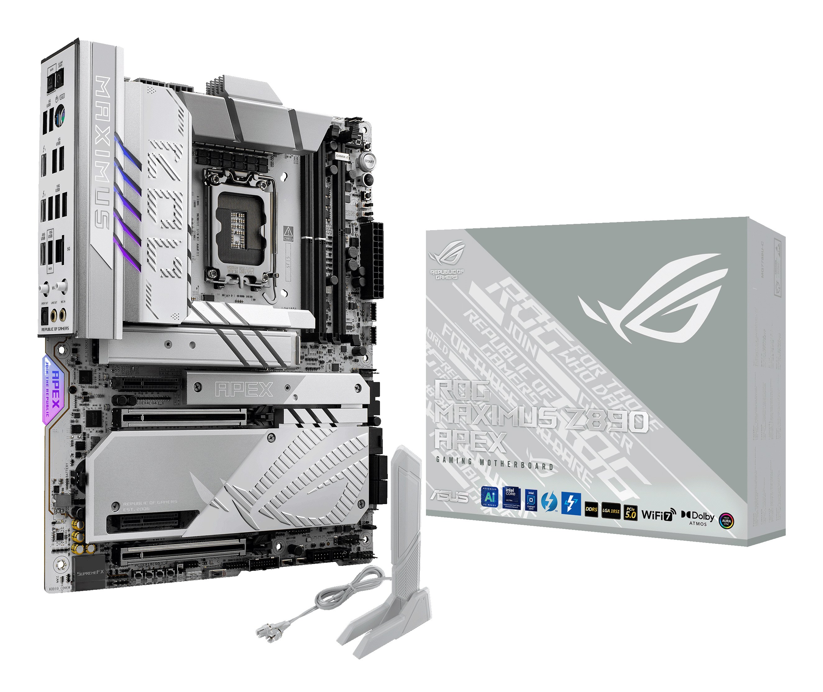 Материнская плата ASUS ROG MAXIMUS Z890 APEX, LGA 1851, Intel Z890, 2xDDR5, 4xSATA, 4xM.2, 1xPCIe 5.0 x16, 1xPCIe 5.0 x8, 2xUSB-C Thunderbolt 4, 1xUSB-C 20Gbps, 4xUSB-A 10Gbps, 4xUSB-A 5Gbps, 1x 5Gb LAN, 2x3.5 мм, 7.1, ATX
