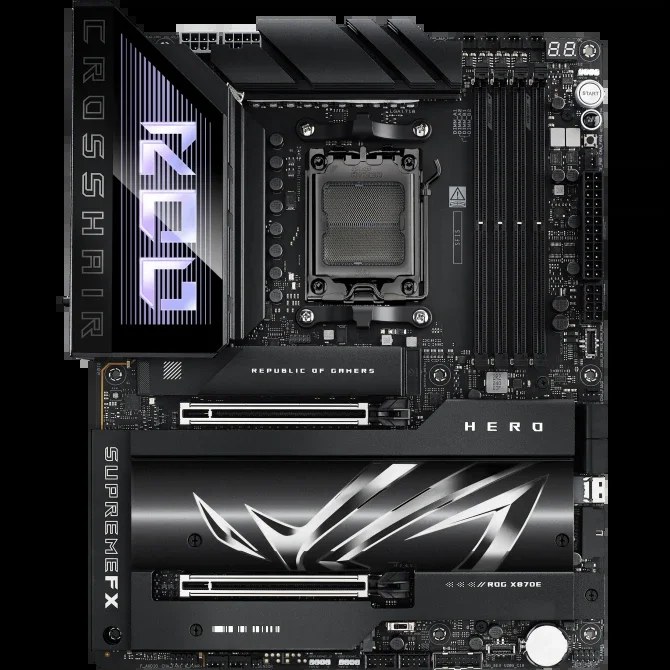 Материнская плата ASUS ROG CROSSHAIR X870E HERO, AM5, AMD X870E, 4xDDR5, 4xSATA, 5xM.2, 2xPCI-E 5.0 x16, 1xHDMI, 2xUSB-C (видео), 2x 5Gb LAN, 6xUSB-A 3.2 Gen 2, 2xUSB-C 3.2 Gen 2, 2xUSB4, 2x3.5 мм, 7.1, ATX