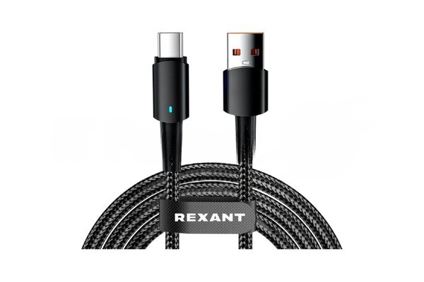 Кабель Rexant 18-7064 USB-A – Type-C, 6А, 66Вт, 1м, в черной нейлоновой оплетке, со световой индикацией