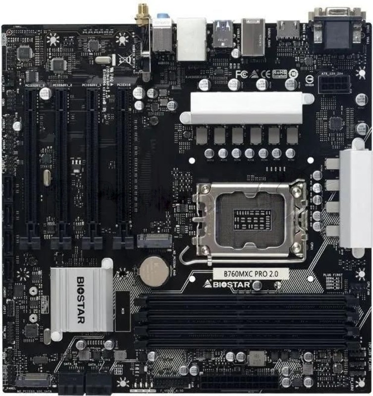 Материнская плата Biostar B760MXC PRO, LGA1700, Intel B760, 4xDDR5, 8xSATA, 2xM.2, 1xPCIe 4.0 x16, DVI-D, HDMI, D-Sub, 1x2.5Gb LAN, 3x3.5 мм, 7.1, microATX