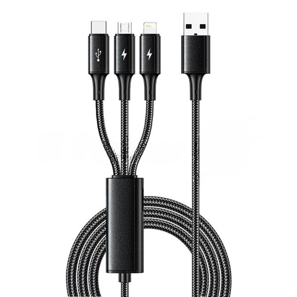 Кабель Rexant USB 3в1 Type-С (6A), Lightning (2,4A), micro USB (3A) 1,2м, в черной оплетке
