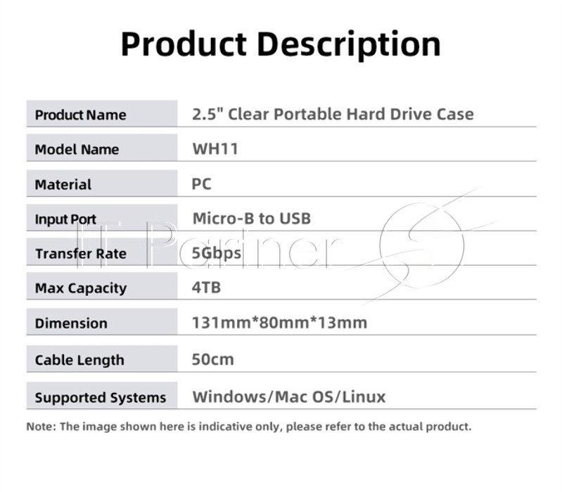 Внешний корпус NETAC WH11 NT07WH11-30B0 для HDD/SSD 2.5" SATA -> USB 3.0 прозрачный, A to B cable