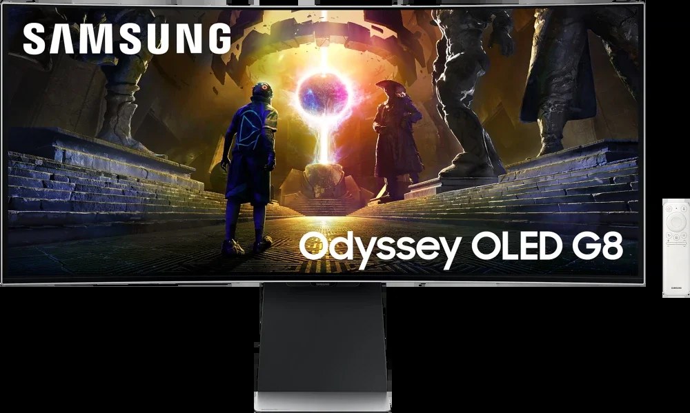 Монитор 34" Samsung Odyssey G8 S34DG852SI OLED 3440x1440, 175 Гц, 0.03 мс, 21:9, 250 кд/м², 2xHDMI 2.1, DP 1.4, USB Hub (2x USB), динамики (2x5 Вт), FreeSync, G-Sync, HDR10, изогнутый экран (1800R), серебристый