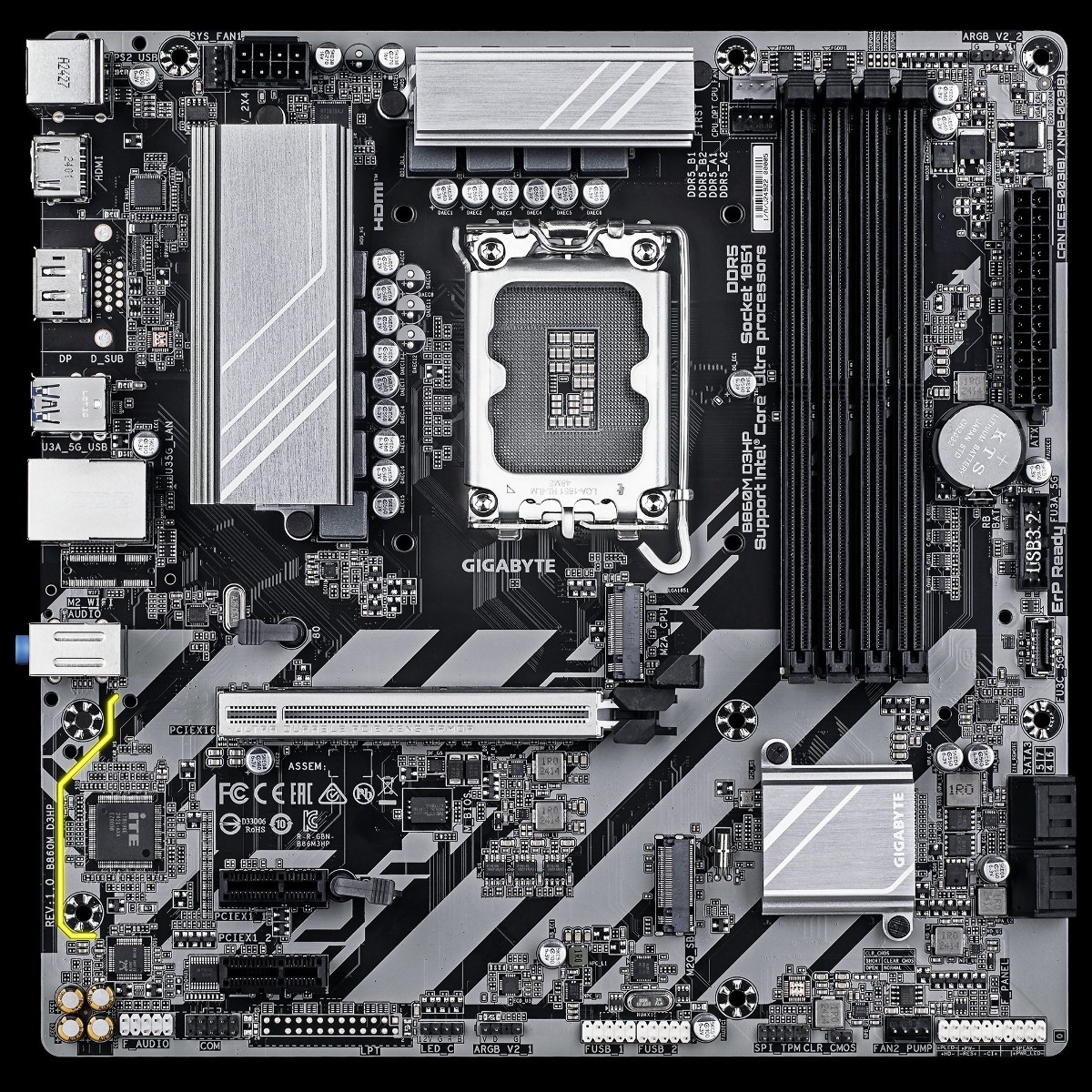 Материнская плата GIGABYTE B860M D3HP, LGA1851, Intel B860, 4xDDR5, 4xSATA, 2xM.2, 1xPCIe 5.0 x16, DisplayPort, HDMI, 1x1Gb LAN, 3x3.5 мм, 7.1, microATX
