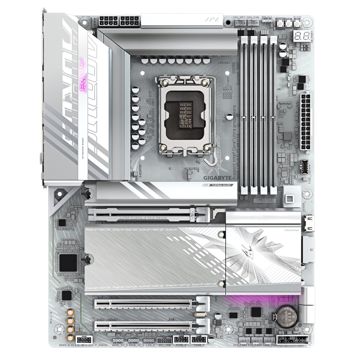 Материнская плата Gigabyte B860 AORUS ELITE WIFI7 ICE, LGA 1851, Intel B860, 4xDDR5, 4xSATA, 3xM.2, 1xPCIe 5.0 x16, 2xPCIe 4.0 x1, 1xHDMI, 2xDP, 1x 2.5Gb LAN, 6xUSB-A 3.2, 1xUSB-C 3.2, 4xUSB-A 2.0, 2x3.5 мм, 7.1, ATX