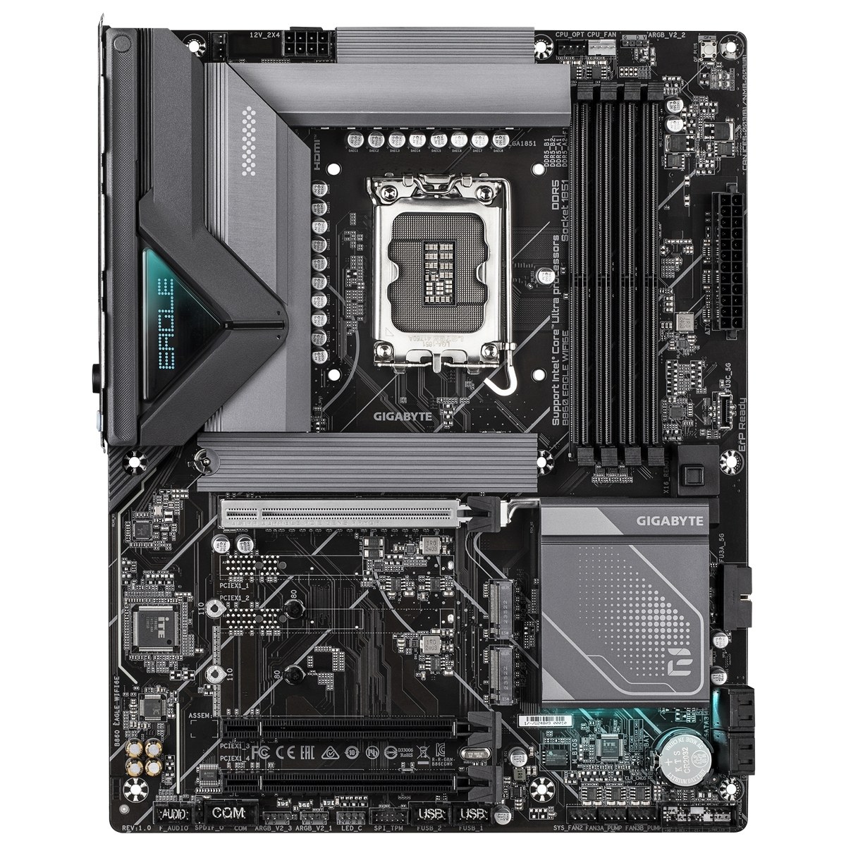 Материнская плата GIGABYTE B860 EAGLE WIFI6E, LGA1851, Intel B860, 4xDDR5, 4xSATA, 3xM.2, 1xPCIe 5.0 x16, DisplayPort, HDMI, 1x2.5Gb LAN, USB Type-C, 3x3.5 мм, 7.1, ATX