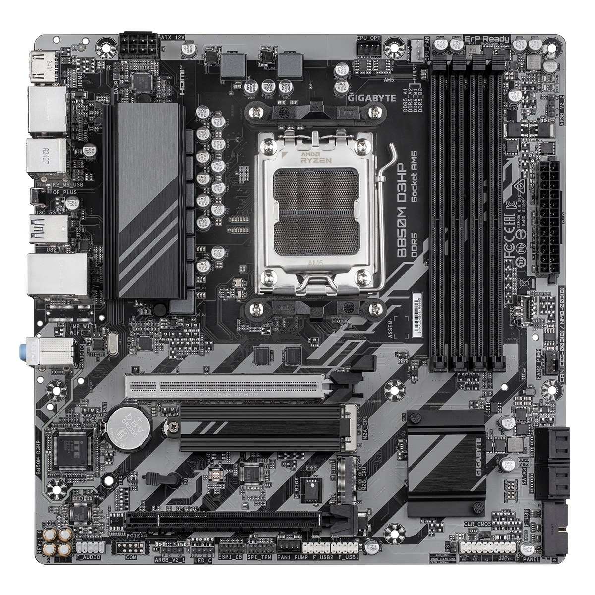 Материнская плата Gigabyte B850M D3HP, AM5, AMD B850, 4xDDR5, 4xSATA, 2xM.2, 1xPCIe 5.0 x16, 1xPCIe 3.0 x4, 1xHDMI, 2xDP, 1x 1Gb LAN, 3xUSB-A 3.2 Gen 1, 2xUSB-A 2.0, 1xUSB-C 3.2 Gen 1, 3x3.5 мм, 7.1, mATX