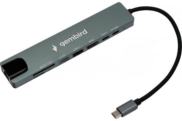 Док-станция Gembird UHB-D3, USB Type-C, USB 2.0, USB 3.1, USB Type-C PD87W, USB Type-C, HDMI, SD/TF, RJ45, USB Type-C