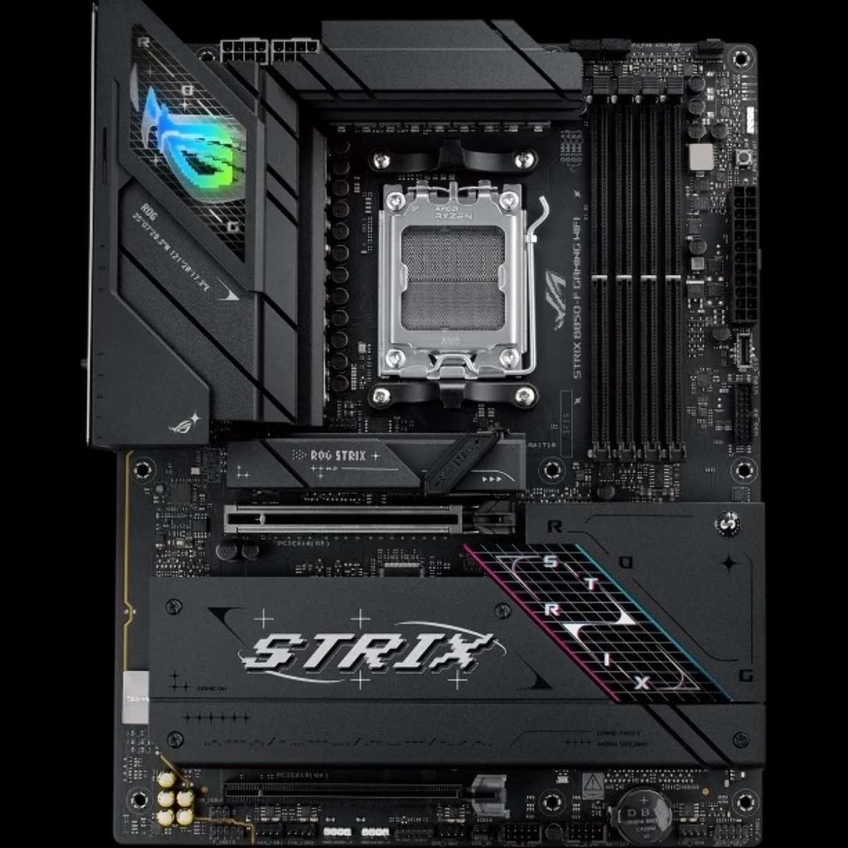 Материнская плата ASUS ROG STRIX B850-F GAMING WIFI, AM5, AMD B850, 4xDDR5, 4xSATA, 4xM.2, 1xPCIe 5.0 x16, 1xPCIe 4.0 x16, 1xPCIe 4.0 x4, DisplayPort, HDMI, 1x2.5Gb LAN, USB Type-C, 3x3.5 мм, 7.1, ATX