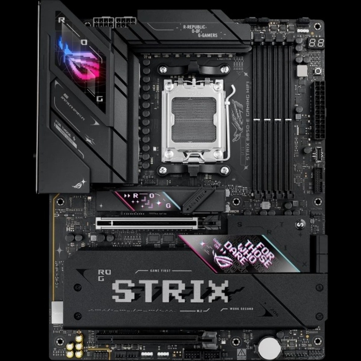 Материнская плата ASUS ROG STRIX B850-E GAMING WIFI, AM5, AMD B850, 4xDDR5, 4xSATA, 5xM.2, 1xPCI-E 5.0 x16, 1xPCI-E 4.0 x16, 1xRealtek 5Gb Ethernet, 1xUSB-C 4, 1xUSB-C 20Gbps, 6xUSB-A 10Gbps, 4xUSB-A 2.0, 3x3.5 мм, 7.1, ATX