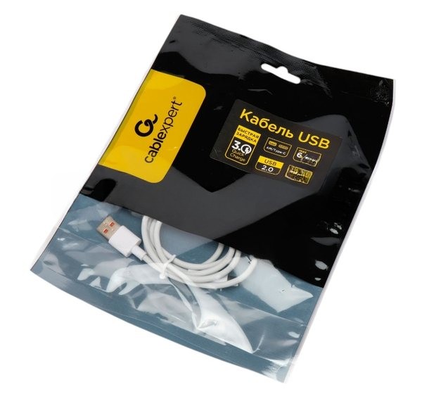 Кабель USB2.0 Cablexpert CC-USB2-AMCM-66W-1M-W, AM/Type-C, 6A, 66Вт, QC3.0, 1м, медь, белый, пакет