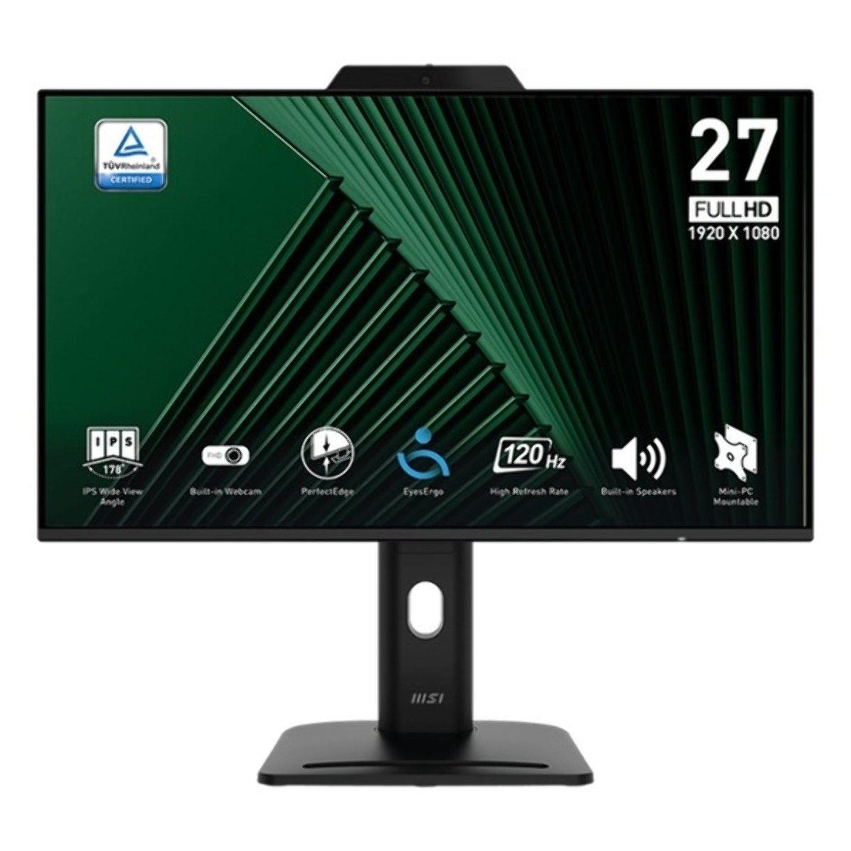 Монитор 27" MSI PRO MP272PMG IPS 1920x1080, 120 Гц, 4 мс, 16:9, 300 кд/м², 1xVGA, 1xHDMI, 1xDP, 1x3.5 мм, 2xUSB-A 2.0, 2x2 Вт, веб-камера, микрофон, черный