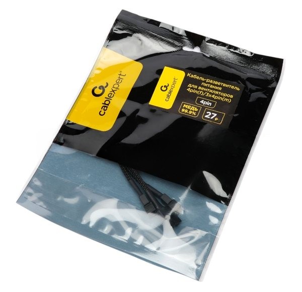 Кабель-разветвитель питания FAN Cablexpert CC-FAN-1F3M-27CM, 4pin(f)/3x4pin(m), PWM(ШИМ), медь, 27см, черный, пакет