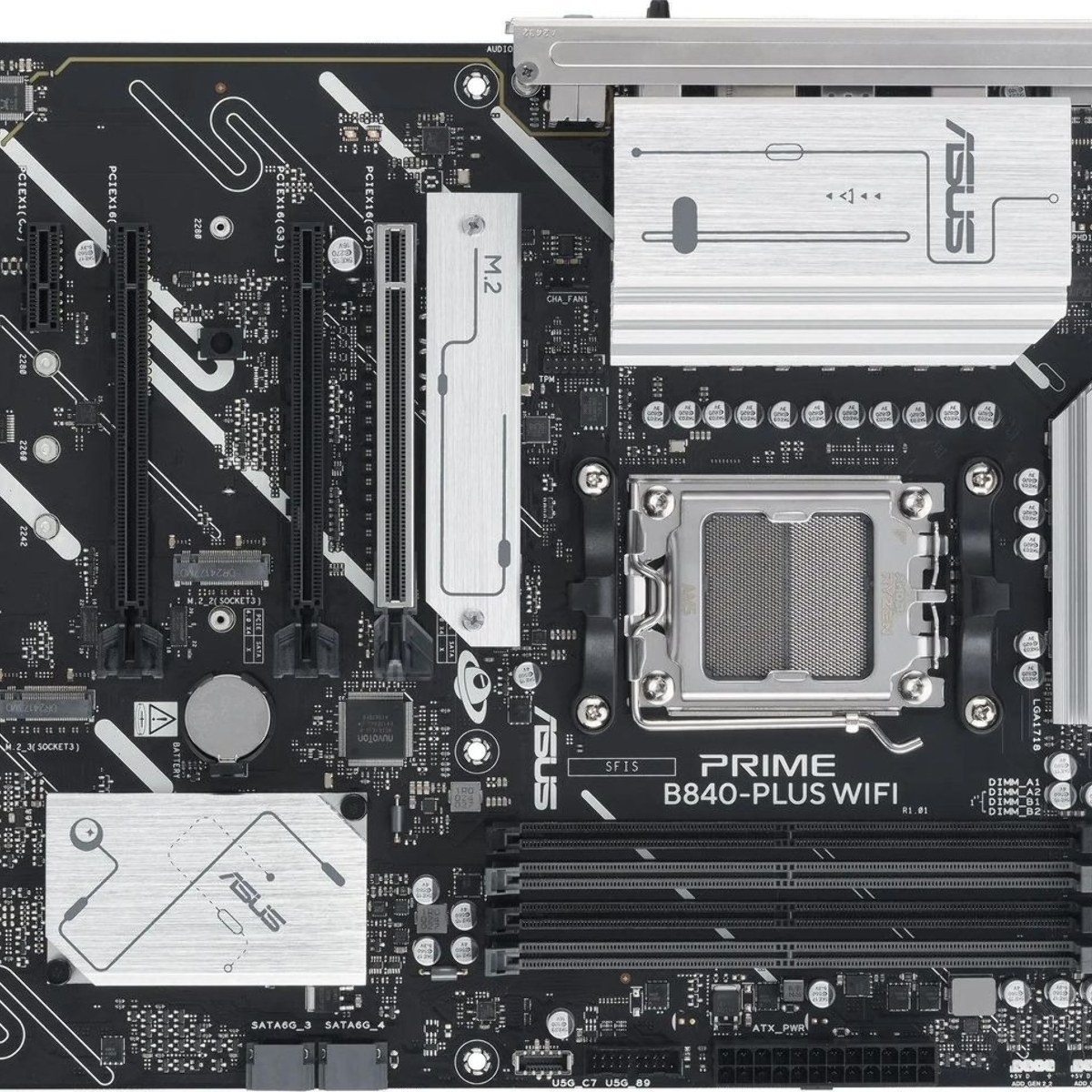Материнская плата ASUS PRIME B840-PLUS WIFI, AM5, AMD B840, 4xDDR5, 4xSATA, 3xM.2, 1xPCIe 4.0 x16, 3xPCIe 3.0 x16, 1xPCIe 3.0 x1, DisplayPort, HDMI, 1x2.5Gb LAN, 8xUSB, 3x3.5 мм, 7.1, ATX