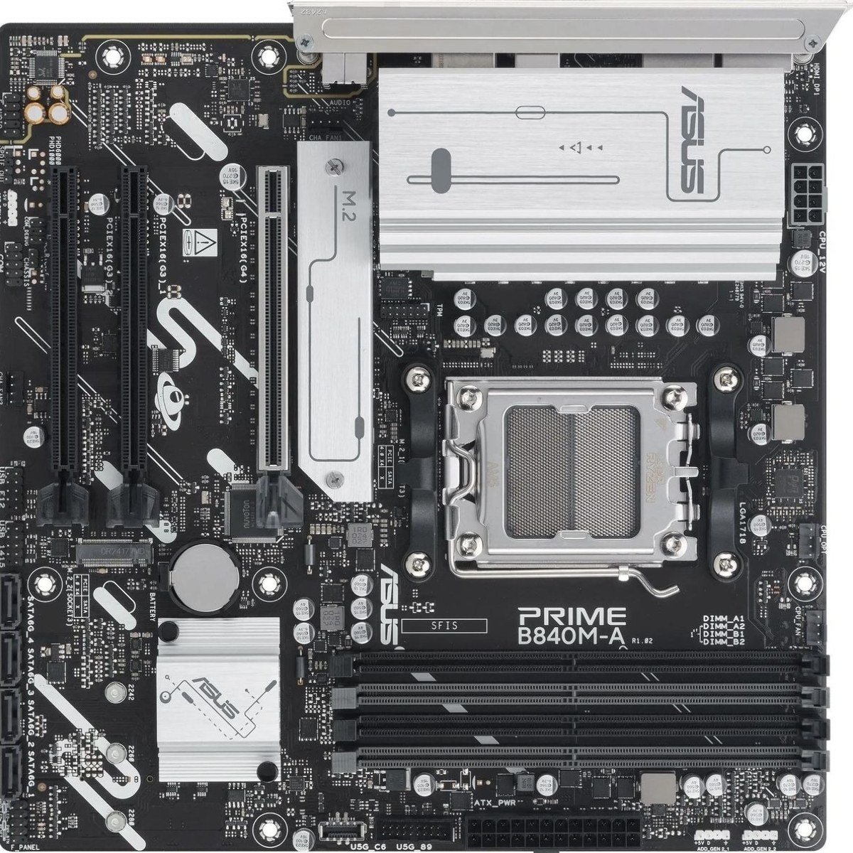 Материнская плата ASUS PRIME B840M-A-CSM, AM5, AMD B840, 4xDDR5, 4xSATA, 3xM.2, 1xPCIe 4.0 x16, 2xPCIe 3.0 x16, 1x2.5Gb LAN, USB Type-C, 3x3.5 мм, 7.1, microATX
