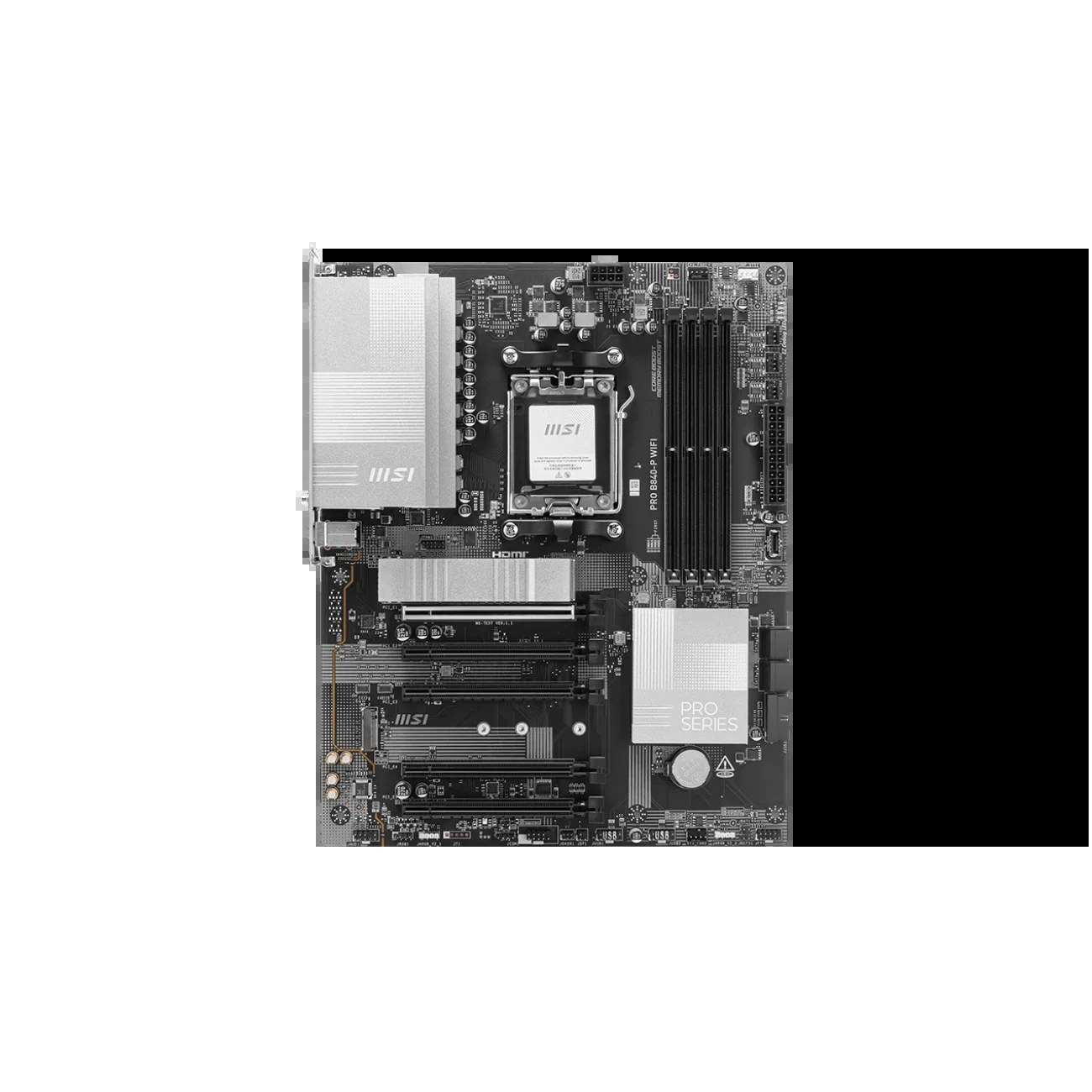 Материнская плата MSI PRO B840-P WIFI, Socket AM5, AMD B840, 4xDDR5, 4xSATA, 2xM.2, 1xPCI-E 4.0 x16, 1xPCI-E 3.0 x4, 3xPCI-E 3.0 x1, 1xHDMI, 1x 2.5Gb LAN, 4xUSB-A 2.0, 2xUSB-A 5Gbps, 1xUSB-C 5Gbps, 1xUSB-A 10Gbps, 1xUSB-C 10Gbps, 3x3.5 мм, 7.1, ATX