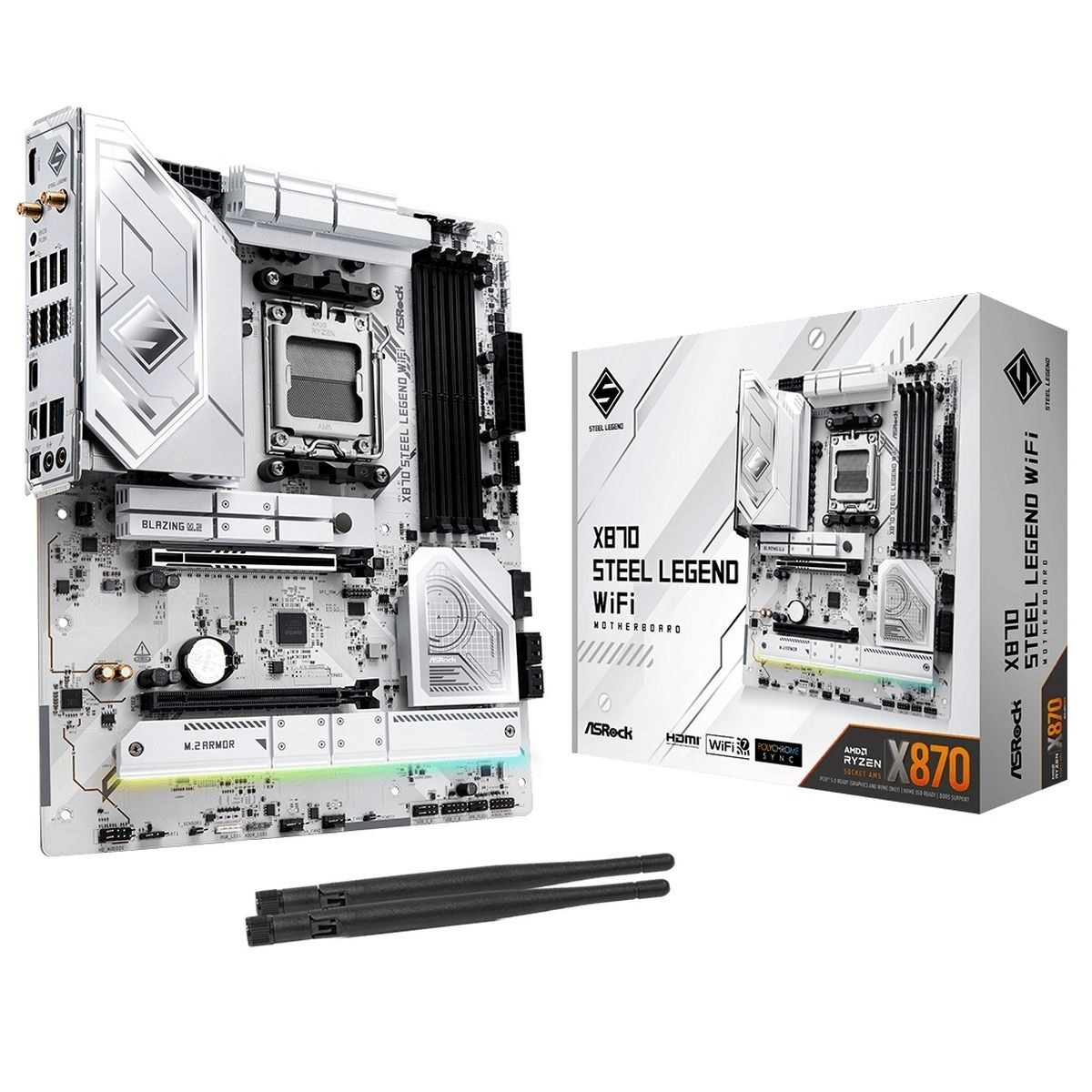 Материнская плата ASRock X870 STEEL LEGEND WIFI, AM5, AMD X870, 4xDDR5, 4xSATA, 3xM.2, 1xPCIe 5.0 x16, 1xPCIe 5.0 x4, 1xHDMI, 1x2.5Gb LAN, Wi-Fi 7, Bluetooth 5.4, 2xUSB-C 40Gbps, 2xUSB-A 10Gbps, 3xUSB-A 5Gbps, 4xUSB-A 2.0, 1xTOSLINK, 2x3.5 мм, 7.1, ATX