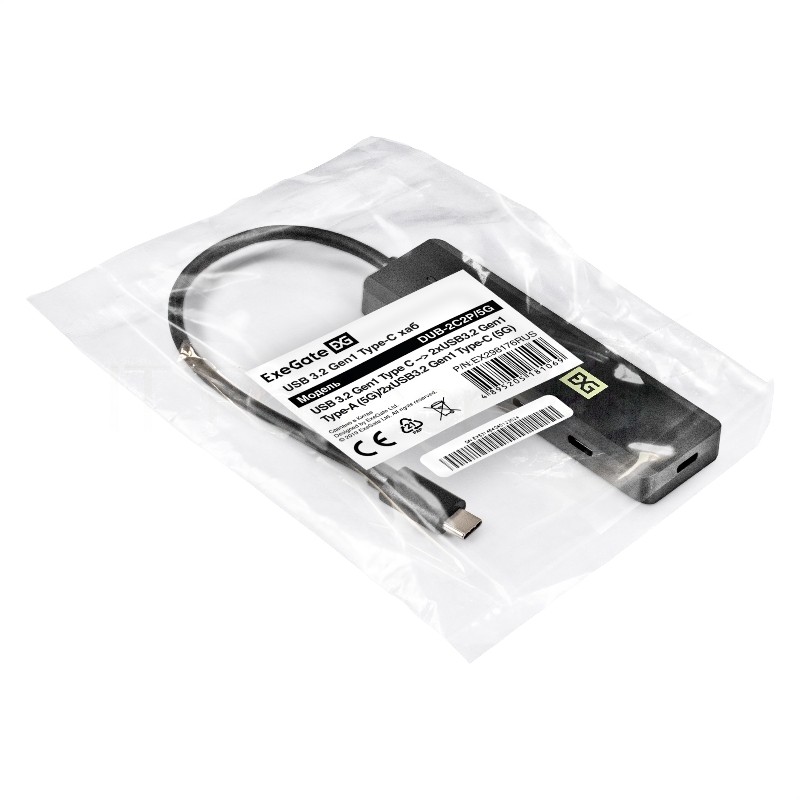 USB-концентратор 4-в-1 ExeGate DUB-2C2P/5G (кабель-адаптер USB 3.2 Gen1 Type C --> 2xUSB3.2 Gen1 Type-A (5G)/2xUSB3.2 Gen1 Type-C (5G), SuperSpeed USB 5Gbps, Plug&Play, черный)
