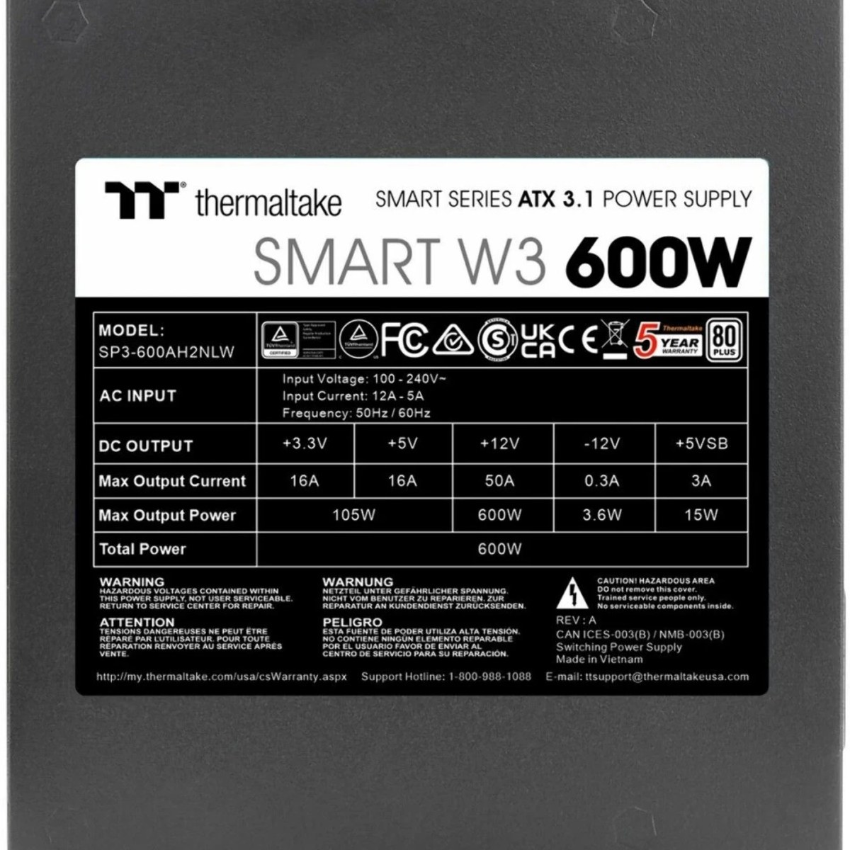 Блок питания Thermaltake Smart W3 600W, ATX 3.1, APFC, 12cm Fan, 80 PLUS, Retail