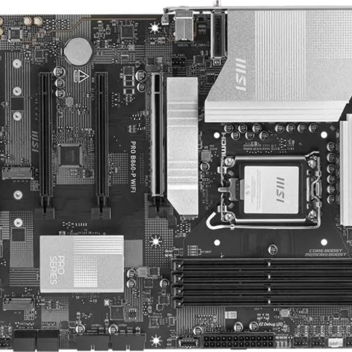 Материнская плата MSI PRO B860-P WIFI, LGA1851, Intel B860, 4xDDR5, 4xSATA, 3xM.2, 1xPCIe 5.0 x16, DisplayPort, HDMI, USB Type-C, 1x5Gb LAN, Thunderbolt, 3x3.5 мм, 7.1, ATX
