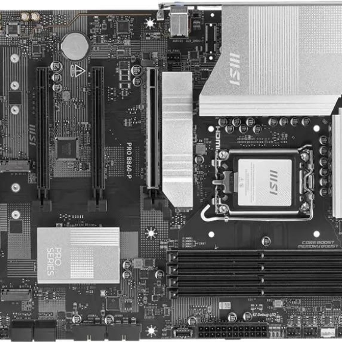 Материнская плата MSI PRO B860-P, LGA1851, Intel B860, 4xDDR5, 4xSATA, 3xM.2, 1xPCIe 5.0 x16, DisplayPort, HDMI, USB Type-C, 1x5Gb LAN, Thunderbolt, 3x3.5 мм, 7.1, ATX