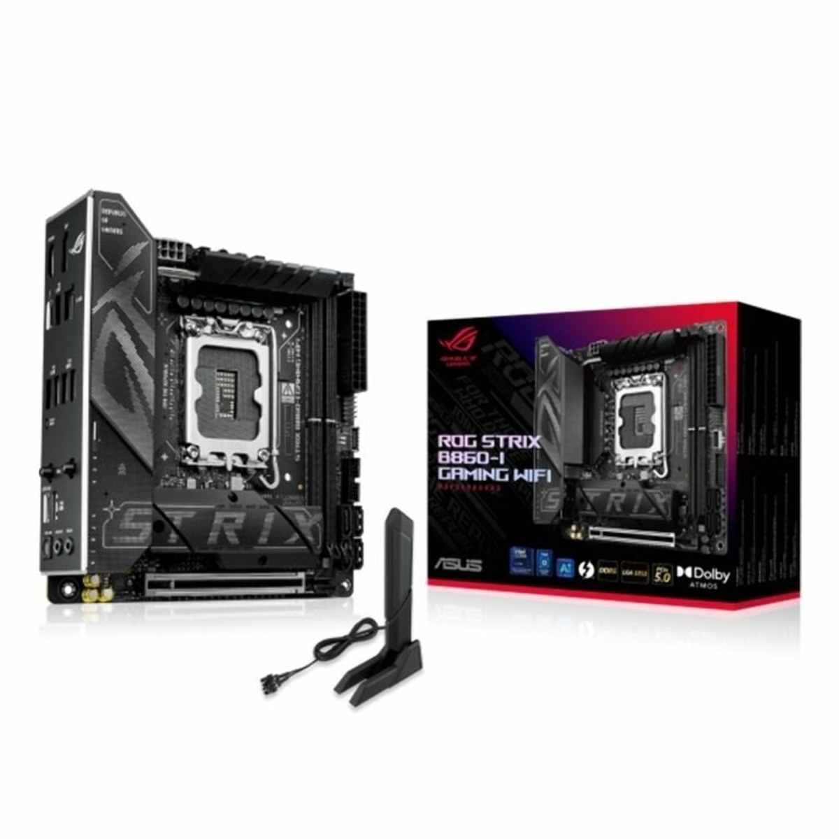 Материнская плата ASUS ROG STRIX B860-I GAMING WIFI, LGA1851, Intel B860, 2xDDR5, 4xSATA, 2xM.2, 1xPCIe 5.0 x16, 1xDP, 1xHDMI, 1xThunderbolt 4, 1x2.5Gb LAN, Wi-Fi 7, 2xUSB 2.0, 3xUSB 3.2 Gen 1, 1xUSB 3.2 Gen 2, 1xUSB 3.2 Gen 2x2, 1xUSB-C, 1xS/PDIF, 2x3.5 мм, 7.1, Mini-ITX