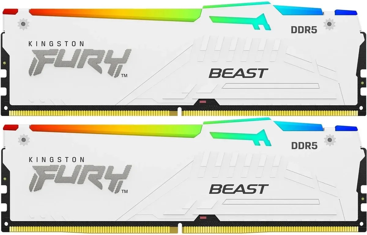 Оперативная память Kingston Fury Beast, DDR5, 32Gb (2x16GB), 5600MHz, CL36, DIMM, радиатор, RGB, белый
