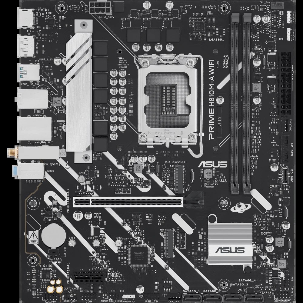 Материнская плата ASUS PRIME H810M-A WIFI, LGA 1851, Intel H810, 2xDDR5, 4xSATA, 2xM.2, 1xPCIe 4.0 x16, DisplayPort, HDMI, 1x1Gb LAN, Wi-Fi 6, Bluetooth, 3x3.5 мм, 7.1, microATX