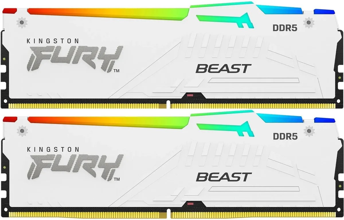 Оперативная память Kingston Fury Beast, DDR5, 32Gb (2x16GB), 6000MHz, CL30, DIMM, с радиатором, RGB, белый