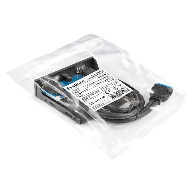 Планка USB на переднюю панель ExeGate U3H-627S, 3,5", 2хUSB3.0+HD Audio Combo, черная, металл, подсоед. к MB