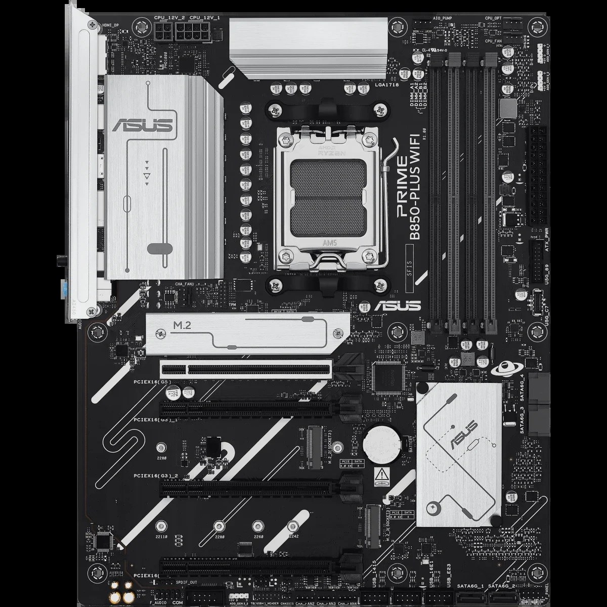 Материнская плата ASUS PRIME B850-PLUS WIFI, AM5, AMD B850, 4xDDR5, 4xSATA, 3xM.2, 1xPCIe 5.0 x16, 1xPCIe 4.0 x16, 2xPCIe 3.0 x1, DisplayPort, HDMI, 1x2.5Gb LAN, USB Type-C, 3x3.5 мм, 7.1, ATX