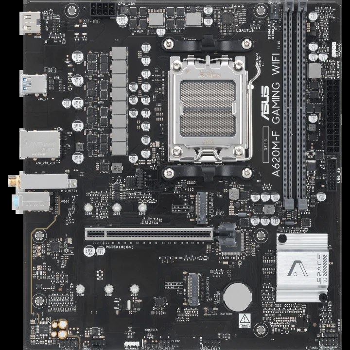 Материнская плата ASUS A620M-F GAMING WIFI, AM5, AMD A620, 2xDDR5, 2xM.2, 1xPCIe 4.0 x16, 1xHDMI, 1x2.5Gb LAN, Wi-Fi 6E, Bluetooth 5.3, 2xUSB-A 5Gbps, 2xUSB-A 2.0, 3x3.5 мм, 7.1, mATX