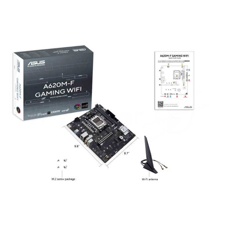 Материнская плата ASUS A620M-F GAMING WIFI, AM5, AMD A620, 2xDDR5, 4xSATA, 2xM.2, 1xPCIe 4.0 x16, 1xPCIe 3.0 x1, HDMI, 1x2.5Gb LAN, 4xUSB, 3x3.5 мм, 7.1, microATX