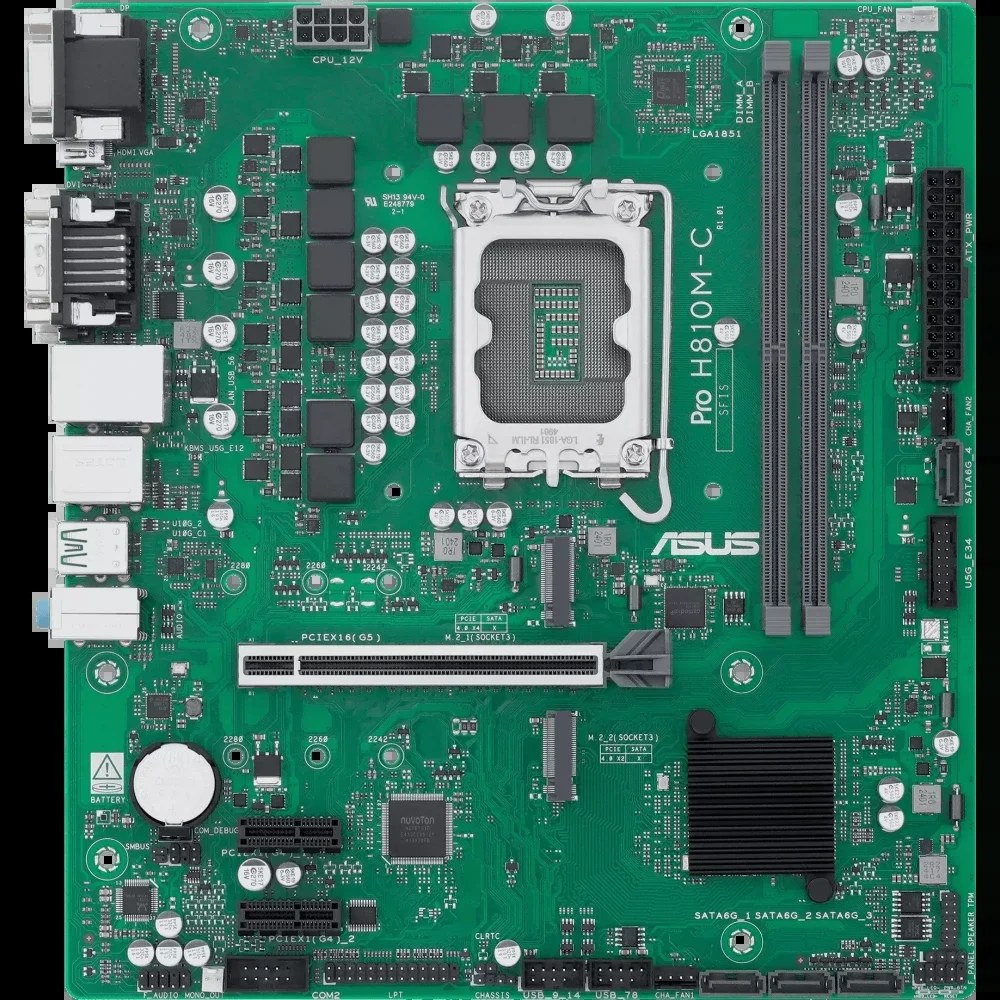 Материнская плата ASUS PRO H810M-C-CSM, LGA1851, Intel H810, 2xDDR5, 4xSATA, 2xM.2, 1xPCIe 5.0 x16, 2xPCIe 4.0 x1, 1xDP, 1xHDMI, 1xDVI-D, 1xVGA, 1x1Gb LAN, 2xUSB 10Gbps, 2xUSB-A 5Gbps, 2xUSB-A 2.0, 3x3.5 мм, 7.1, mATX