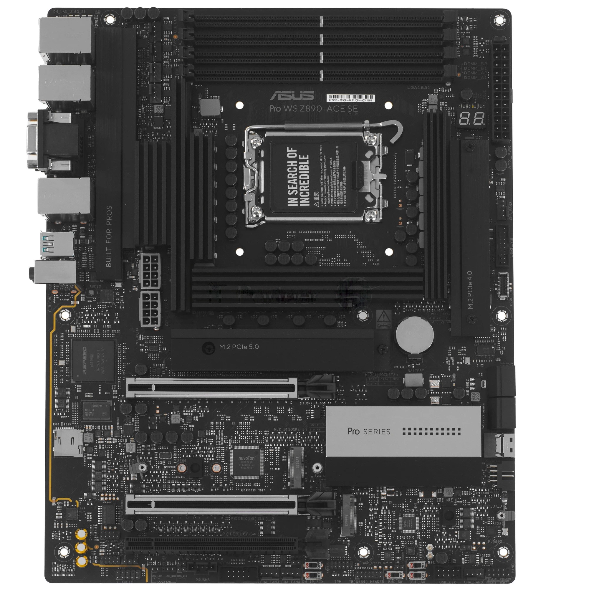 Материнская плата ASUS Pro WS Z890-ACE SE, LGA1851, Intel Z890, 4xDDR5, 4xSATA, 4xM.2, 3xPCIe x16, HDMI, D-Sub, USB Type-C, 3x10Gb LAN, 2x3.5 мм, 7.1, ATX