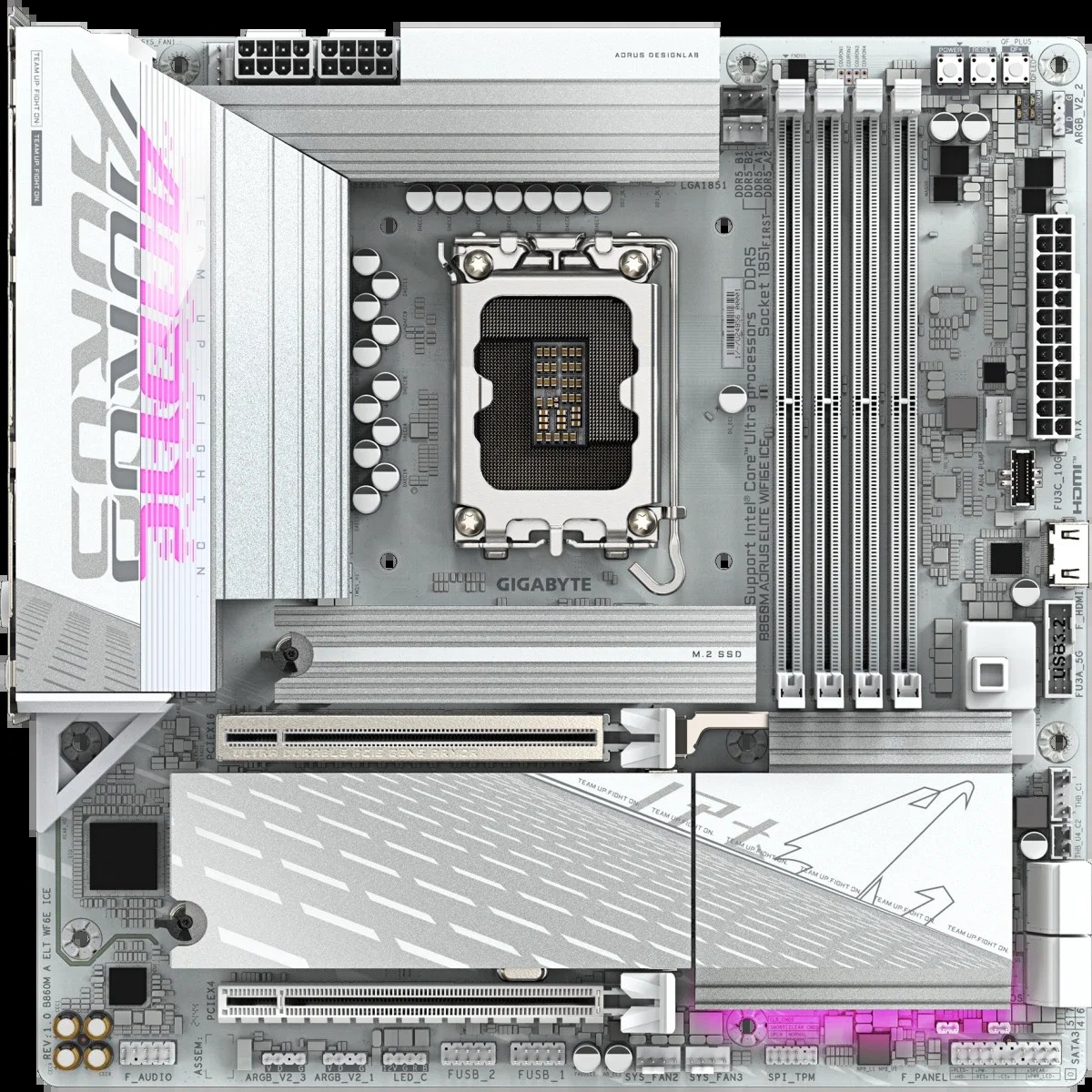 Материнская плата GigaByte B860M Aorus Elite WIFI6E ICE, LGA1851, Intel B860, 4xDDR5, 4xSATA, 3xM.2, 2xPCIe 5.0 x16, DisplayPort, HDMI, Thunderbolt, 1x2.5Gb LAN, 1x1Gb LAN, 7.1, microATX