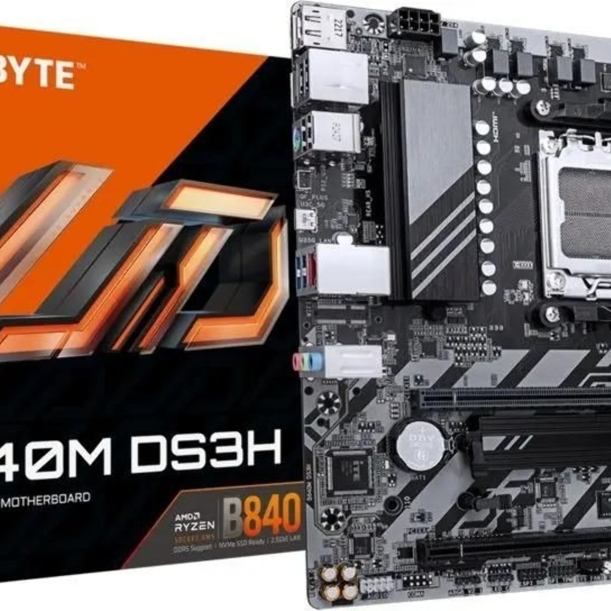 Материнская плата Gigabyte B840M DS3H, AM5, AMD B840, 4xDDR5, 4xSATA, 2xM.2, 1xPCIe 4.0 x16, 1xPCIe 3.0 x4, 2xDP, 1xHDMI, 1x2.5Gb LAN, 3xUSB-A 5Gbps, 8xUSB-A 2.0, 1xUSB-C 5Gbps, 3x3.5 мм, 7.1, mATX