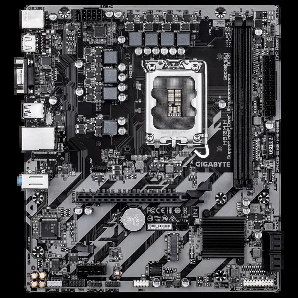 Материнская плата GIGABYTE H810M H, LGA1851, Intel H810, 2xDDR5, 4xSATA, 1xM.2, 1xPCIe 4.0 x16, 1xPCIe x1, HDMI, D-Sub, 1x1Gb LAN, 3x3.5 мм, 7.1, microATX