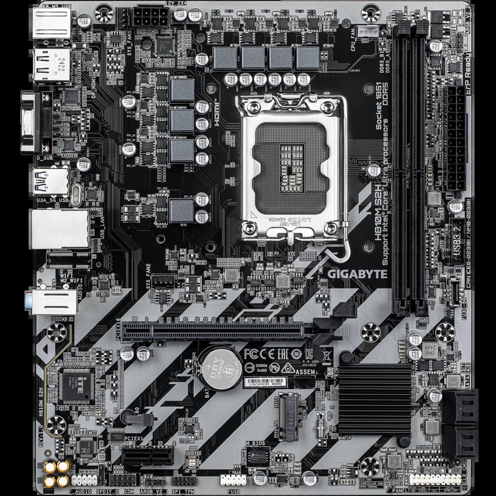 Материнская плата Gigabyte H810M S2H, LGA1851, Intel H810, 2xDDR5, 4xSATA, 1xM.2, 1xPCIe 4.0 x16, 1xPCIe 3.0 x1, 1xDP, 1xHDMI, 1xD-Sub, 1x1Gb LAN, 1xUSB-C 5Gbps, 4xUSB-A 5Gbps, 7xUSB-A 2.0, 3x3.5 мм, 7.1, mATX