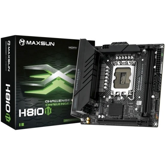 Материнская плата Maxsun MS-Challenger H810ITX WIFI, LGA1851, Intel H810, 2xDDR5, 4xSATA, 2xM.2, 1xPCIe 5.0 x16, 1xDP, 1xHDMI, 1x1Gb LAN, Wi-Fi 6, Bluetooth 5.2, 4xUSB-A 10Gbps, 2xUSB-A 5Gbps, 2xUSB-A 2.0, 3x3.5 мм, Mini-ITX