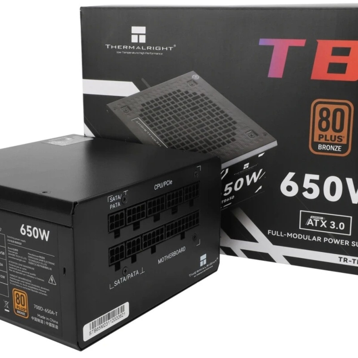 Блок питания Thermalright, 650W 80+ Bronze (ATX, 3.0, Full modular, 1x24(20+4)pin, 2xCPU 8(4+4)pin, 4xPCIe*2 8(6+2)pin, 3xSATA3, 3xMOLEX4pin, Active, 120x120мм, 150x140x86mm, APFC, черный)