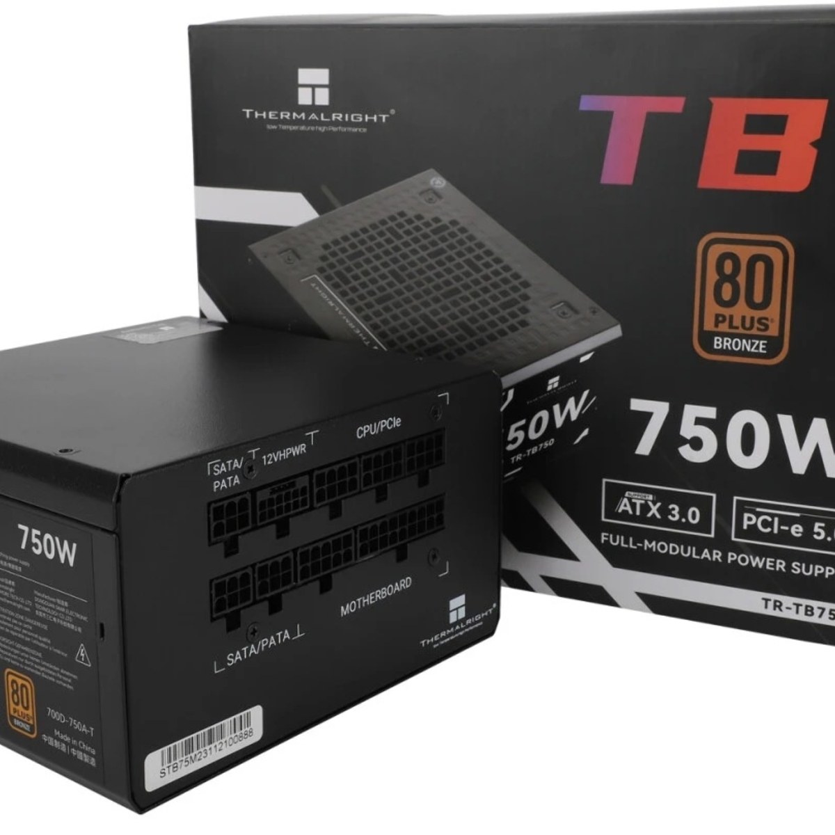 Блок питания Thermalright, 750W 80+ Bronze (ATX, 3.0, PCIe 5.0, Full modular, 1x24(20+4)pin, 2xCPU 8(4+4)pin, 4xPCIe*2 8(6+2)pin, 3xSATA3, 1x12+4pin (12VHPWR PCIe 5.0 12+4pin 600mm), 3xMOLEX4pin, Active, 120x120мм, 150x140x86mm, APFC, black)