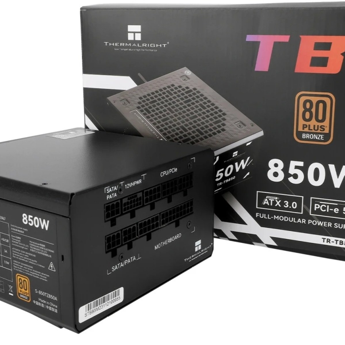 Блок питания Thermalright, 850W 80+ Bronze (ATX, 3.0, PCIe 5.0, Full modular, 1x24(20+4)pin, 2xCPU 8(4+4)pin, 4xPCIe*2 8(6+2)pin, 3xSATA3, 1x12+4pin (12VHPWR PCIe 5.0 12+4pin 600mm), 3xMOLEX4pin, Active, 120x120мм, 150x140x86mm, APFC, black)