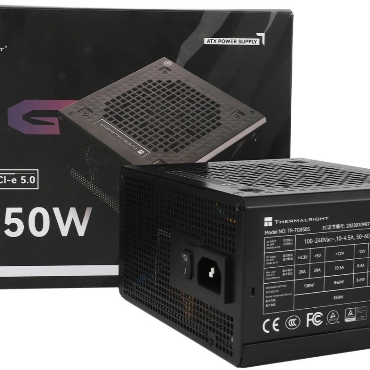 Блок питания Thermalright, 850W 80+ Gold (ATX, 3.0, PCIe 5.0, Non-modular, 1x24(20+4)pin, 1xCPU 8(4+4)pin, 2xPCIe*2 8(6+2)pin, 5xSATA3, 1x12+4pin (12VHPWR PCIe 5.0 12+4pin 600mm), 3xMOLEX4pin, Active, 120x120мм, 150x140x86mm, APFC, black)