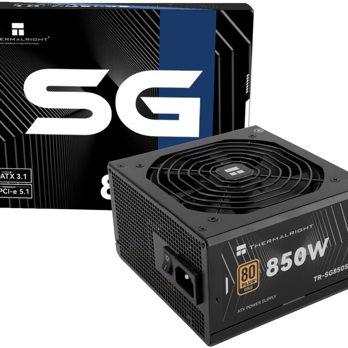Блок питания Thermalright, 850W 80+ Gold (ATX, 3.1, PCIe 5.1, Non-modular, 1x24(20+4)pin, 1xCPU 8(4+4)pin, 2xPCIe*2 8(6+2)pin, 5xSATA3, 1x12+4pin (12VHPWR PCIe 5.1 12+4pin 600mm), 3xMOLEX4pin, Active, 120x120мм, 150x140x86mm, APFC, black)