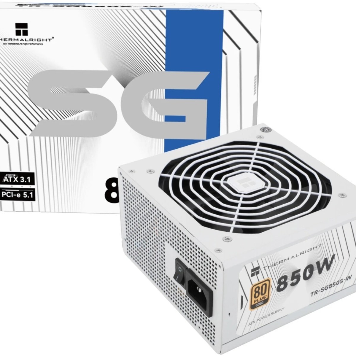 Блок питания Thermalright, 850W 80+ Gold (ATX, 3.1, PCIe 5.1, Non-modular, 1x24(20+4)pin, 1xCPU 8(4+4)pin, 2xPCIe*2 8(6+2)pin, 5xSATA3, 1x12+4pin (12VHPWR PCIe 5.1 12+4pin 600mm), 3xMOLEX4pin, Active, 120x120мм, 150x140x86mm, APFC, white)