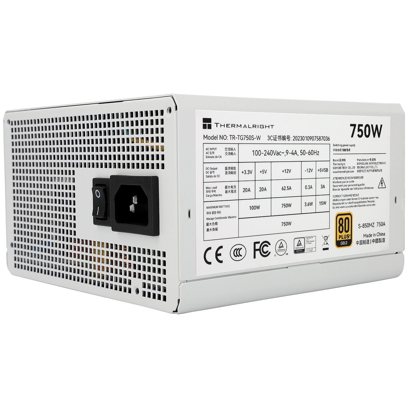 Блок питания Thermalright, 750W 80+ Gold (ATX, 3.0, PCIe 5.0, Non-modular, 1x24(20+4)pin, 1xCPU 8(4+4)pin, 2xPCIe*2 8(6+2)pin, 5xSATA3, 1x12+4pin (12VHPWR PCIe 5.0 12+4pin 600mm), 3xMOLEX4pin, Active, 120x120мм, 150x140x86mm, APFC, black)