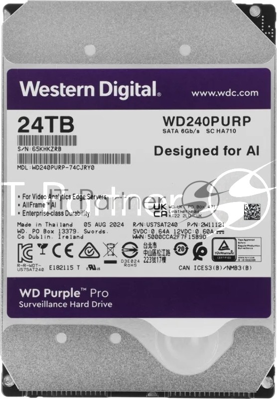 Жесткий диск HDD WD Purple Pro 24Tb 7200rpm SATA 512Mb 3.5"