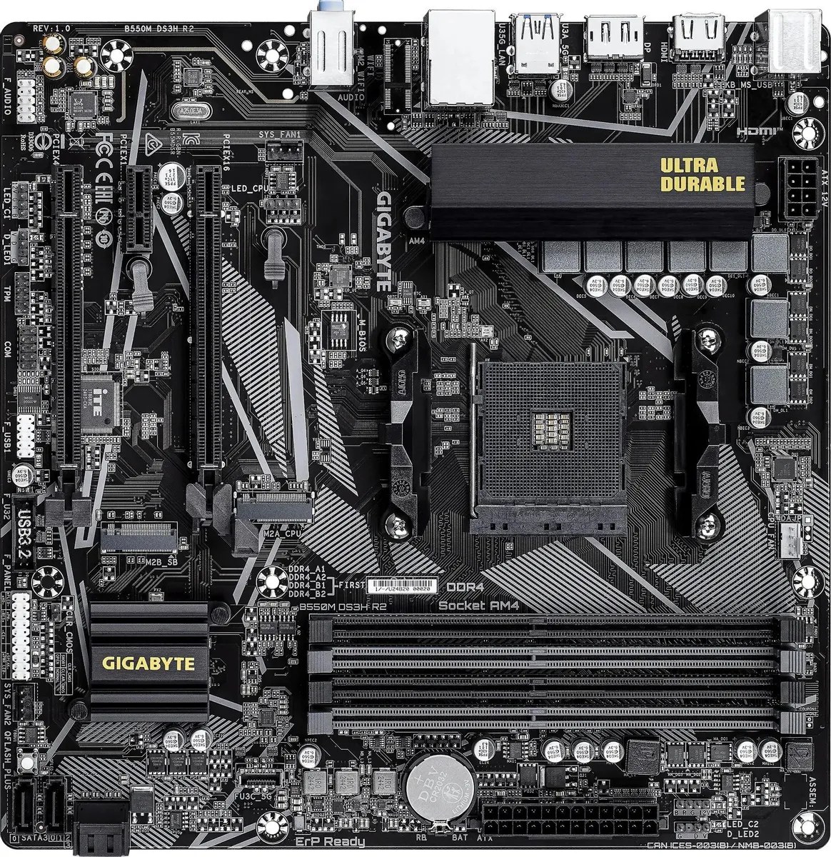 Материнская плата Gigabyte B550M DS3H R2, AM4, AMD B550, 4xDDR4, 4xSATA, 2xM.2, 2xPCIe x16, DisplayPort, HDMI, 1xGb LAN, 6xUSB, 3x3.5 мм, 7.1, microATX