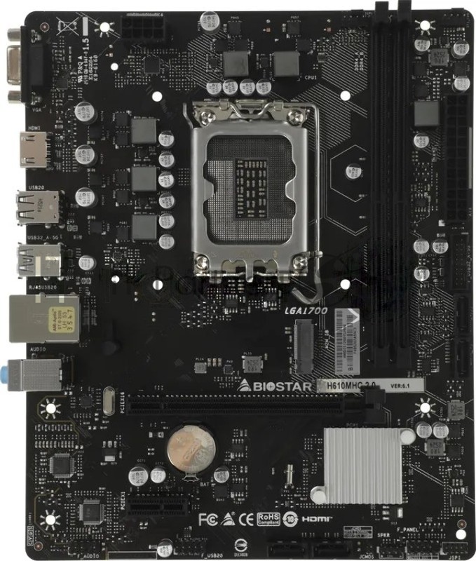 Материнская плата Biostar H610MHC 2.0, LGA1700, Intel H610, 2xDDR4, 4xSATA, 1xM.2 PCIe 3.0 x4, 1xPCIe 4.0 x16, 1xPCIe 3.0 x1, 1xVGA, 1xHDMI, 1x 1Gb LAN, 2xUSB 3.2 Gen1, 4xUSB 2.0, 3x3.5 мм, 7.1, microATX